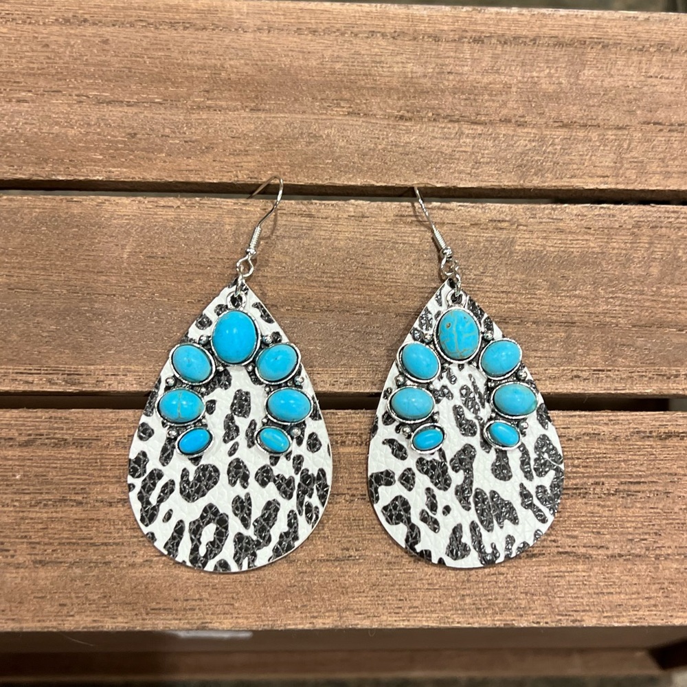 Leopard Print Teardrop Earrings with Turquoise Accents